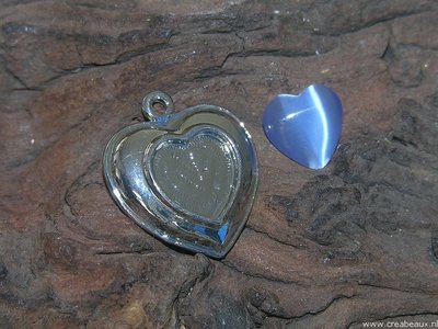 Hartje met kastje en plaksteen, 23x25mm, zilverkleur-blauw