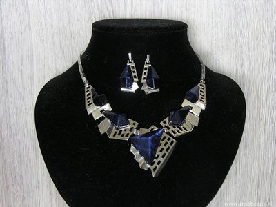 Set ketting & oorbellen ornamenten, donkerblauw-zilverkleur