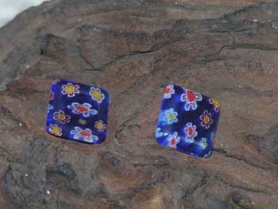 Plaksteen Italian style met bloemen, 14x14mm, donkerblauw