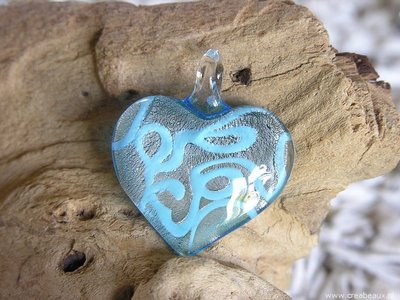 Hart handbewerkt, 47x38mm, zilverkleur-lichtblauw