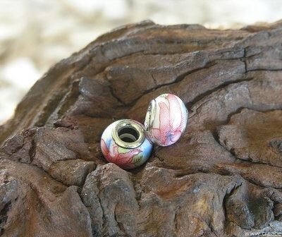 Pandora kraal versierd met bloemen, 14x11mm, wit-roze (2)